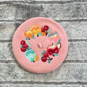 Charming Pink Beret with Fruit Embroidery